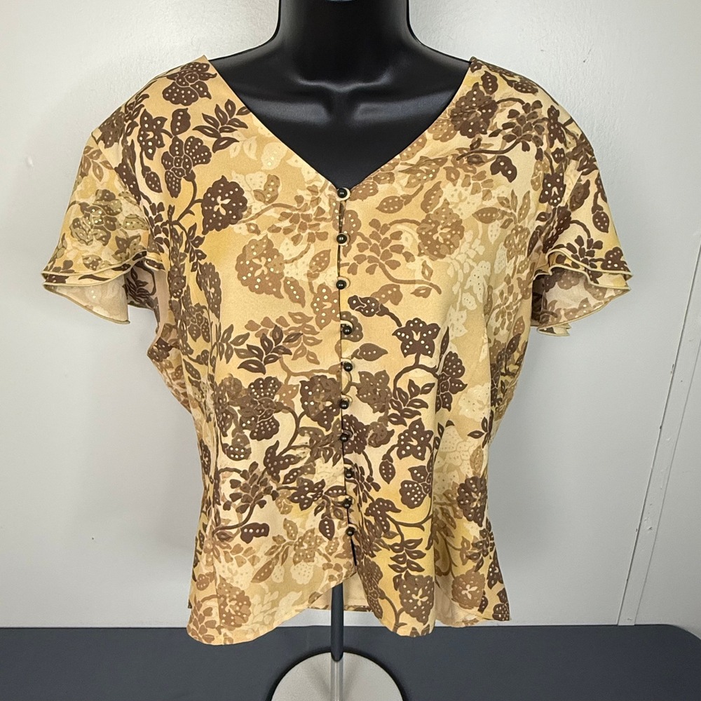 Judith Hart Blouse Womens 16 Tan Floral Button Front Sequin Flutter Sleeve Top